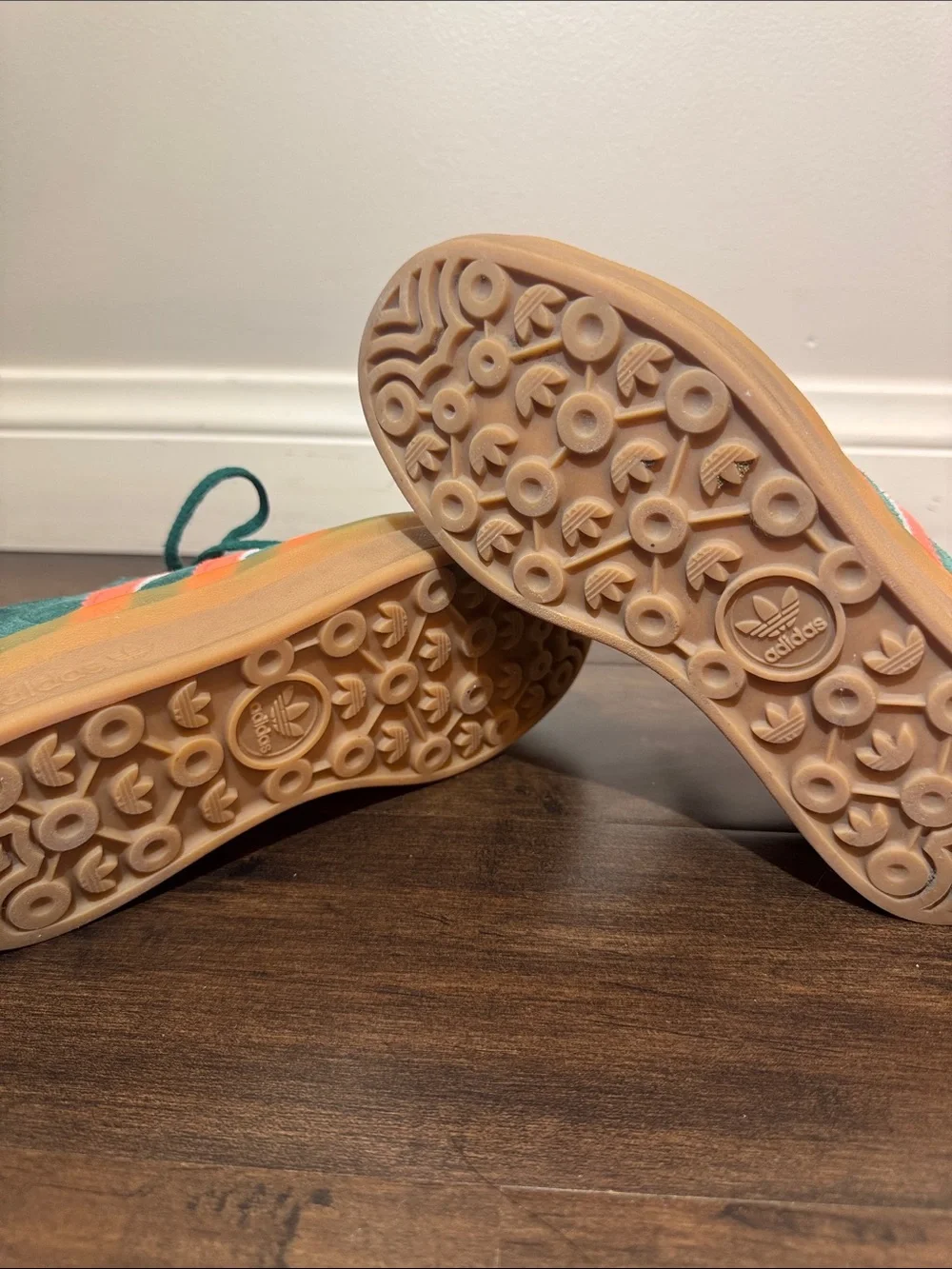 adidas Kids Green Suede Sneakers with Coral Stripes and Gum Sole